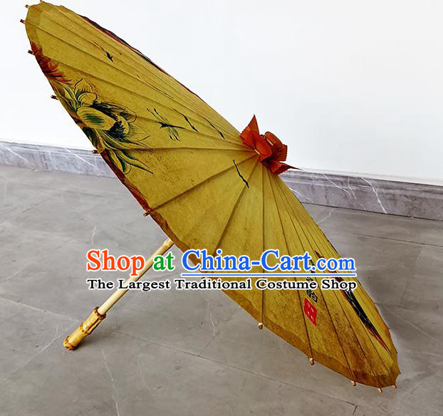 China Hand Painting Lotus Yellow Silk Umbrella Traditional Umbrella Craft Classical Dance Umbrella