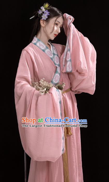 China Traditional Jin Dynasty Palace Lady Historical Clothing Ancient Court Princess Pink Hanfu Dress
