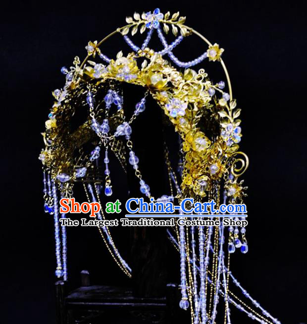 China Ancient Goddess Hair Accessories Handmade Traditional Cosplay Fairy Queen Tassel Golden Hair Crown