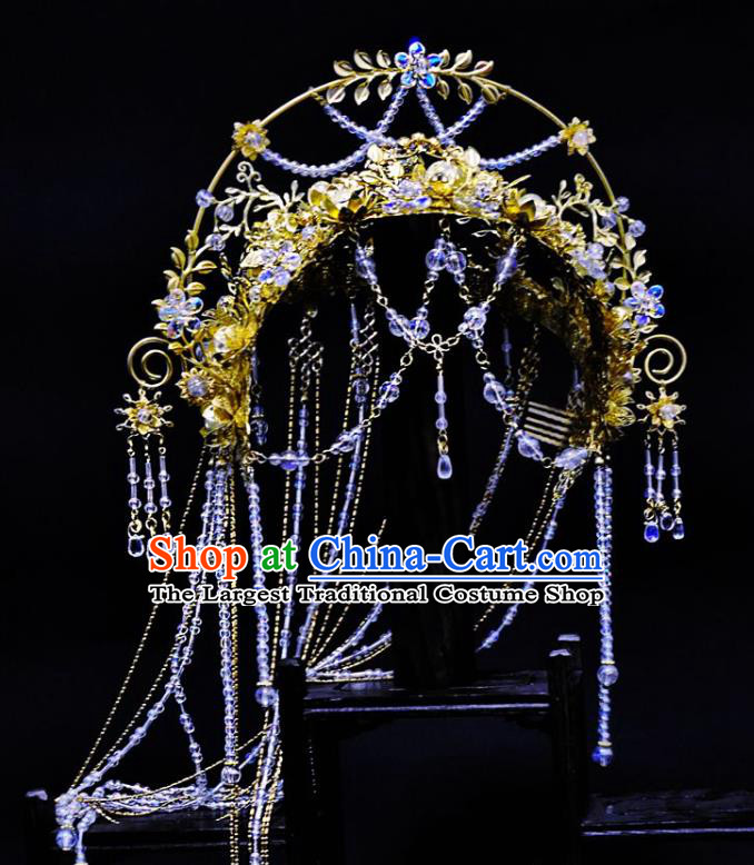 China Ancient Goddess Hair Accessories Handmade Traditional Cosplay Fairy Queen Tassel Golden Hair Crown