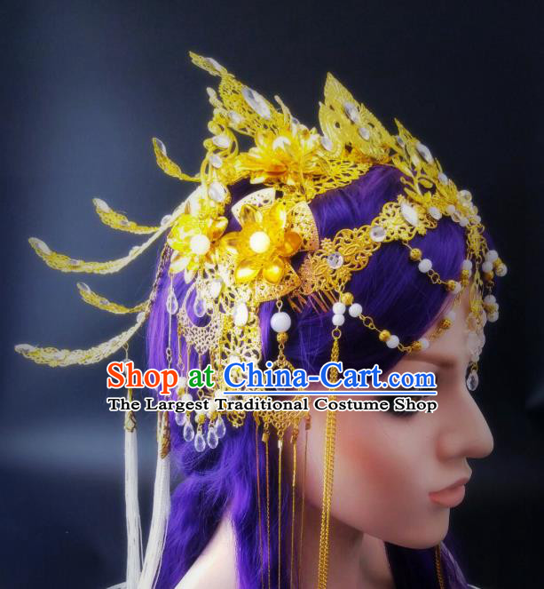 China Ancient Queen Headwear Handmade Traditional Cosplay Goddess Golden Hair Crown