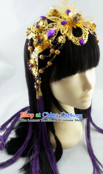 China Ancient Queen Tassel Hair Accessories Handmade Traditional Cosplay Goddess Golden Hair Crown