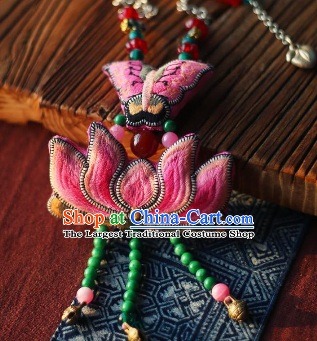 Chinese National Embroidered Pink Butterfly Lotus Necklace Pendant Miao Ethnic Tassel Necklet