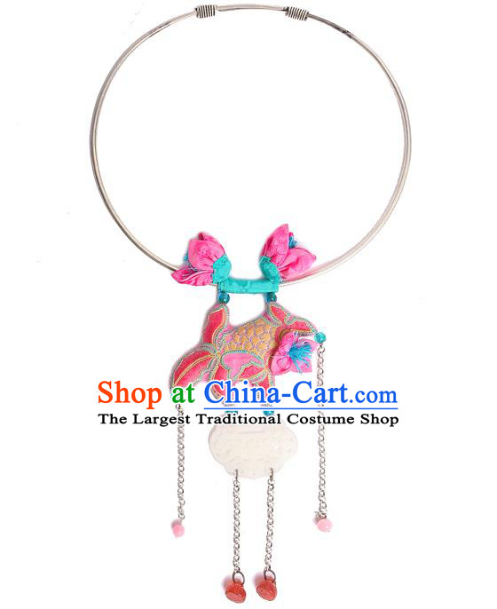 Chinese National Embroidered Pink Goldfish Necklace Miao Ethnic Jade Necklet Pendant