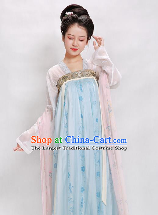 China Traditional Tang Dynasty Palace Lady Historical Clothing Ancient Court Beauty Blue Hanfu Dress