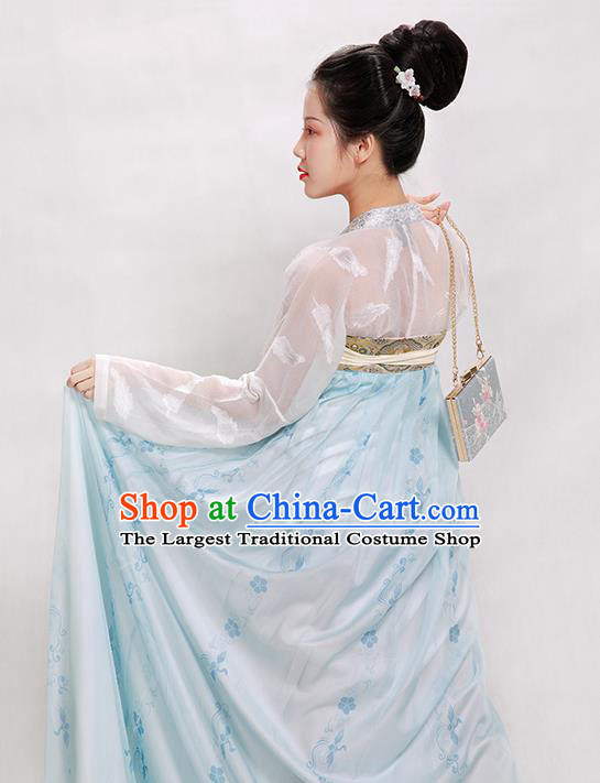 China Traditional Tang Dynasty Palace Lady Historical Clothing Ancient Court Beauty Blue Hanfu Dress