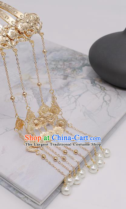 China Ancient Empress Pearls Tassel Hairpin Traditional Tang Dynasty Empress Palace Golden Hair Stick