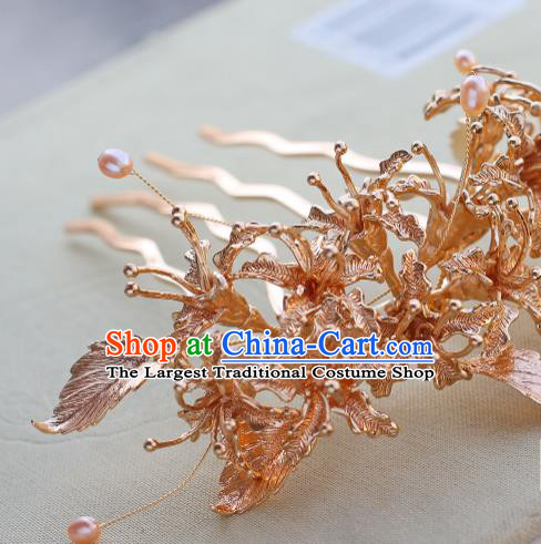 China Ancient Palace Lady Hairpin Traditional Tang Dynasty Princess Golden Manjusaka Hair Comb