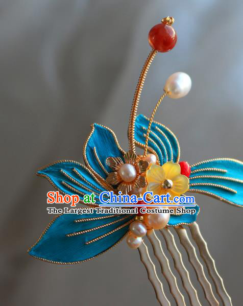 China Ancient Princess Pearls Hairpin Traditional Ming Dynasty Palace Lady Orchids Hair Comb