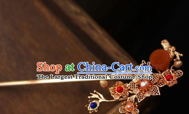 China Ancient Imperial Concubine Agate Pearls Hairpin Traditional Ming Dynasty Golden Plum Blossom Hair Stick