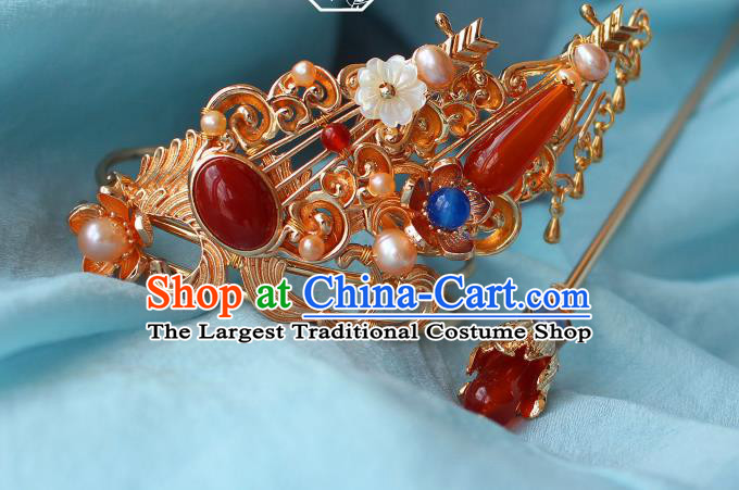 China Ancient Court Lady Hair Accessories Traditional Tang Dynasty Princess Golden Agate Hair Crown and Hairpin