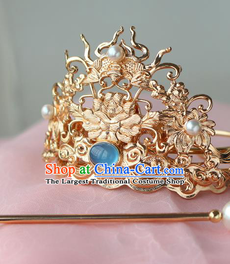 Chinese Traditional Tang Dynasty Prince Golden Hairdo Crown and Hairpin Ancient Noble Childe Hair Accessories