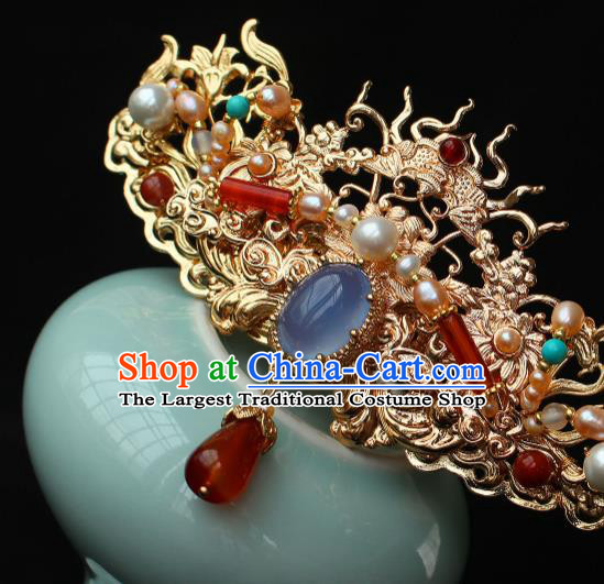 China Ancient Court Lady Agate Tassel Hairpin Traditional Ming Dynasty Imperial Concubine Golden Hair Crown
