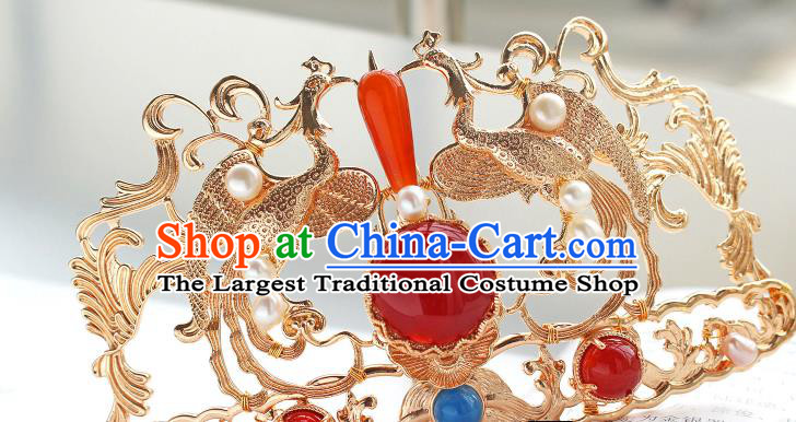 China Ancient Court Empress Hairpin Traditional Tang Dynasty Wedding Golden Phoenix Hair Crown