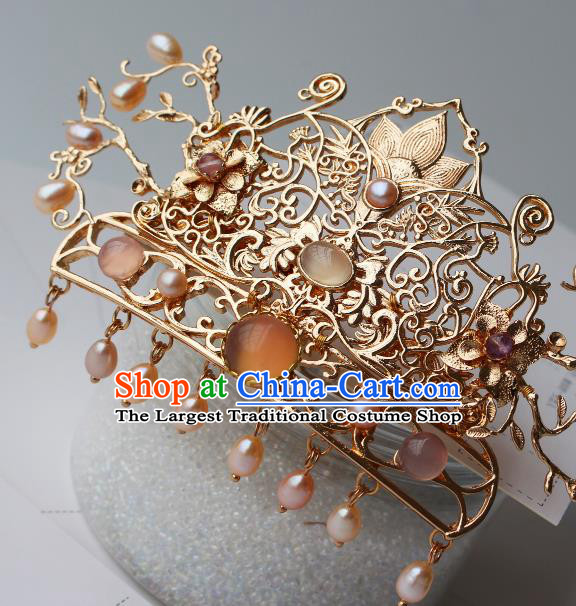 China Ancient Court Empress Pearls Headwear Traditional Tang Dynasty Queen Golden Lotus Hair Crown