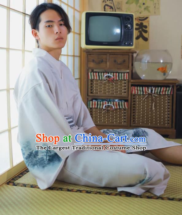 Japanese Male Clothing Asian Japan Traditional Ink Painting Landscape Yukata Robe