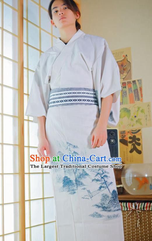 Japanese Male Clothing Asian Japan Traditional Ink Painting Landscape Yukata Robe