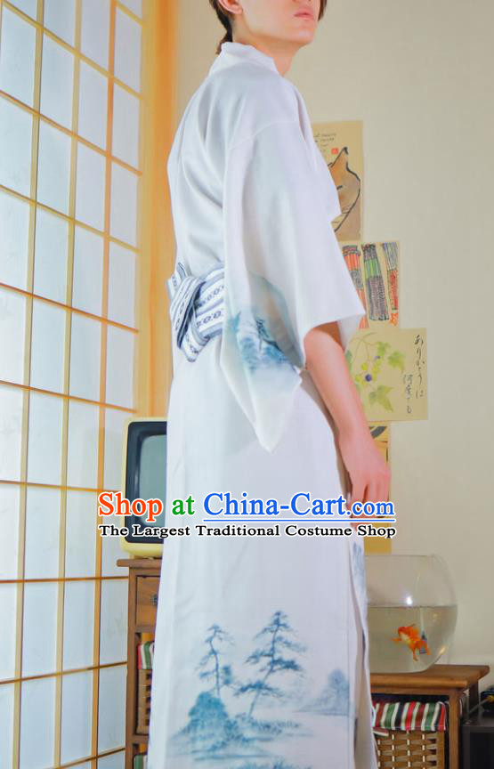 Japanese Male Clothing Asian Japan Traditional Ink Painting Landscape Yukata Robe
