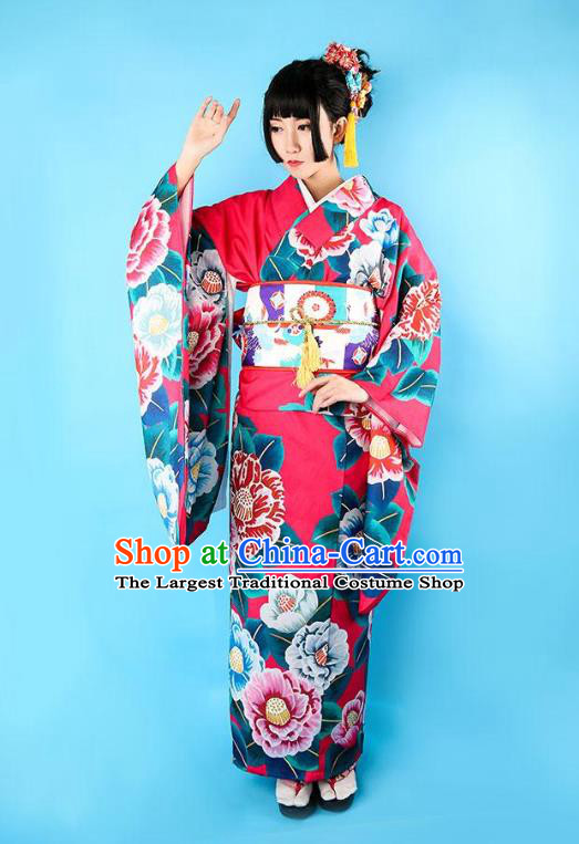 Asian Japan Printing Camellia Furisode Kimono Costume Japanese Traditional Wedding Bride Pink Satin Yukata Dress