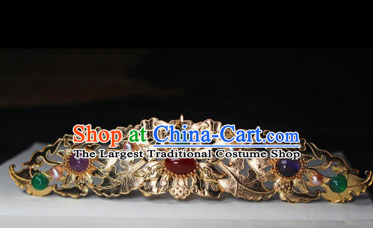 China Ancient Empress Golden Hairpin Headwear Traditional Ming Dynasty Queen Agate Gems Hair Crown