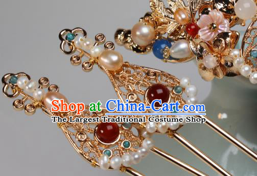 China Ancient Court Princess Pearls Hairpin Traditional Tang Dynasty Palace Lady Golden Lute Hair Stick
