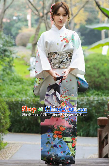 Asian Japan Printing Chrysanthemum Homongi Kimono Japanese Traditional Yukata Dress Costume