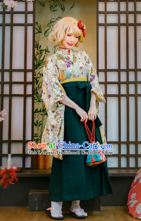 Asian Japan Cosplay Kimono Printing Sakura Blouse and Green Hakama Pants Japanese Traditional Young Lady Costumes