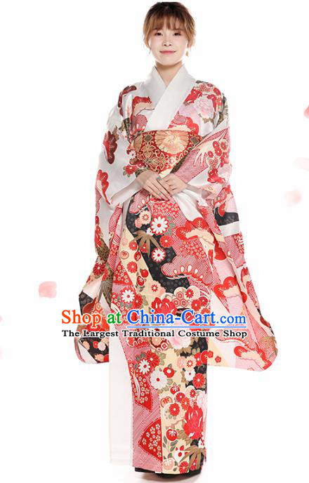 Asian Japan Printing Peony Furisode Kimono Costume Japanese Traditional Wedding Bride Yukata Dress