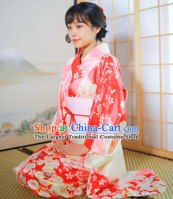 Asian Japan Wedding Bride Furisode Kimono Costume Japanese Traditional Young Lady Printing Sakura Pink Satin Yukata Dress