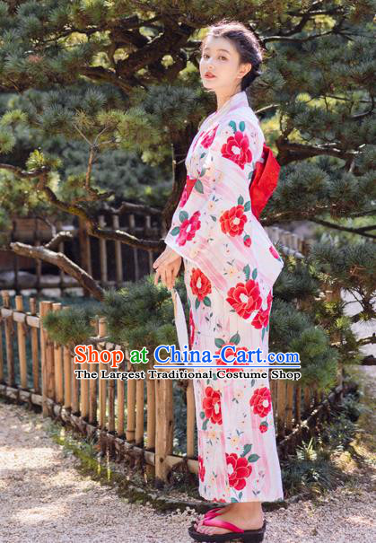 Japanese Traditional Printing Camellia Yukata Dress Asian Japan Hanabi Taikai Young Woman Pink Kimono Fashion