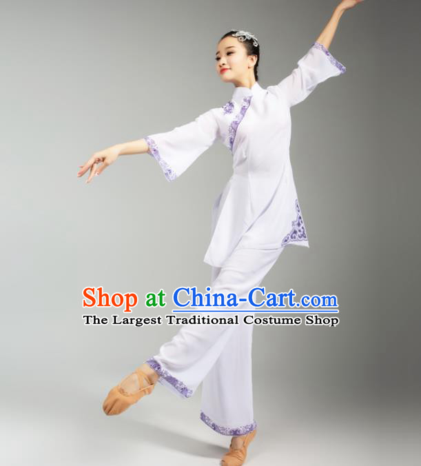 China Folk Dance White Uniforms Fan Dance Stage Performance Clothing