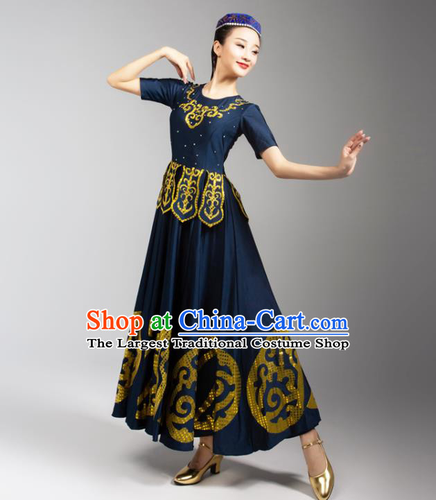China Mongolian Ethnic Woman Dance Navy Dress Traditional Mongol Nationality Stage Performance Clothing