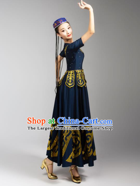 China Mongolian Ethnic Woman Dance Navy Dress Traditional Mongol Nationality Stage Performance Clothing