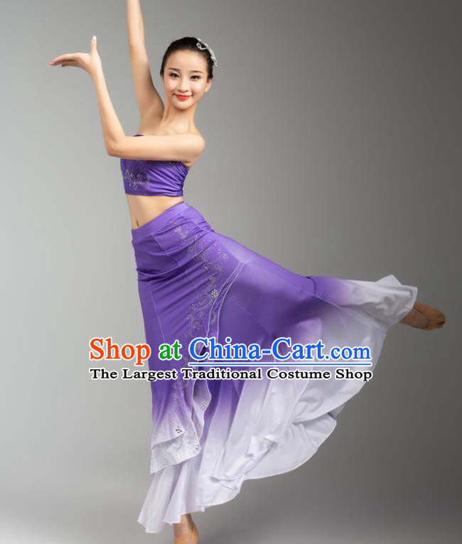 China Traditional Dai Nationality Woman Clothing Yunnan Ethnic Peacock Dance Purple Dress Outfits