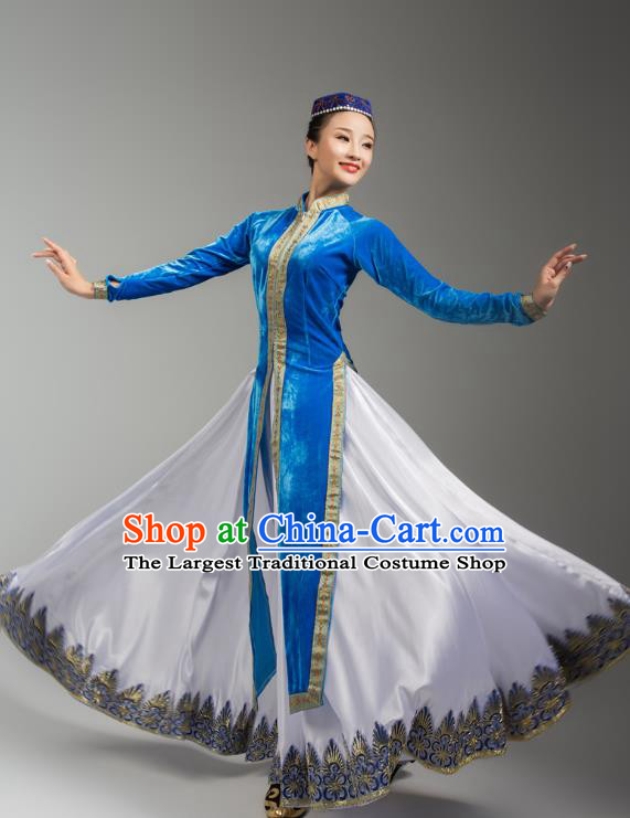 China Xinjiang Korla Ethnic Folk Dance Blue Dress Outfits Traditional Uygur Nationality Female Dance Clothing