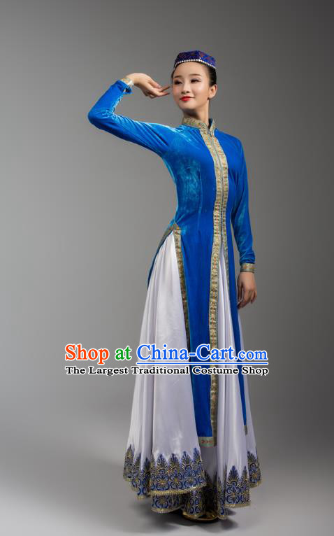 China Xinjiang Korla Ethnic Folk Dance Blue Dress Outfits Traditional Uygur Nationality Female Dance Clothing