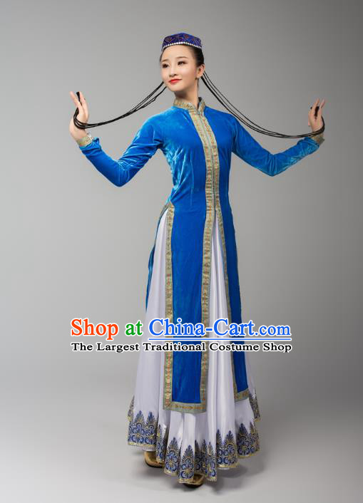 China Xinjiang Korla Ethnic Folk Dance Blue Dress Outfits Traditional Uygur Nationality Female Dance Clothing