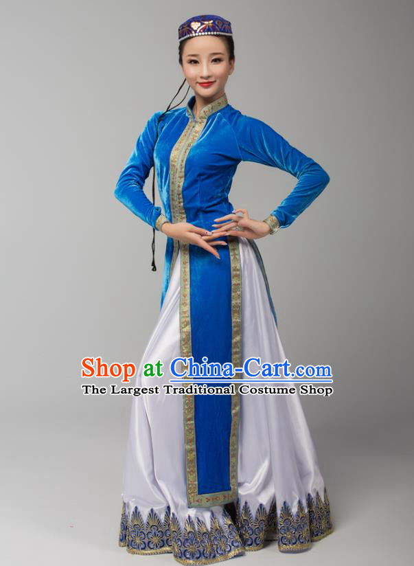 China Xinjiang Korla Ethnic Folk Dance Blue Dress Outfits Traditional Uygur Nationality Female Dance Clothing