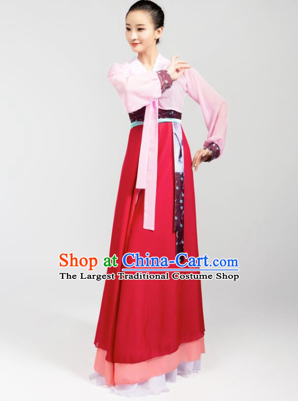 China Korean Ethnic Folk Dance Pink Blouse Red Dress Outfits Traditional Nationality Stage Performance Clothing