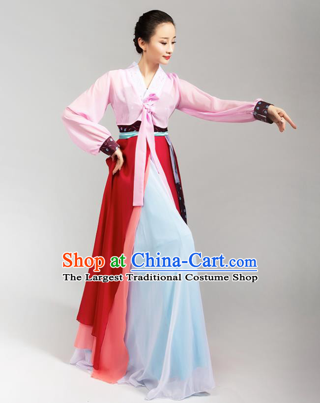 China Korean Ethnic Folk Dance Pink Blouse Red Dress Outfits Traditional Nationality Stage Performance Clothing