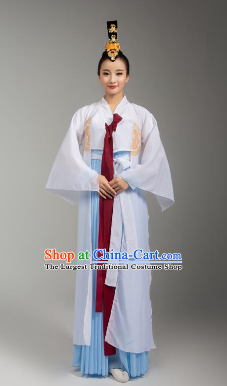 China Korean Ethnic Stage Performance Blue Dress Outfits Traditional Korean Nationality Folk Dance Clothing and Headdress