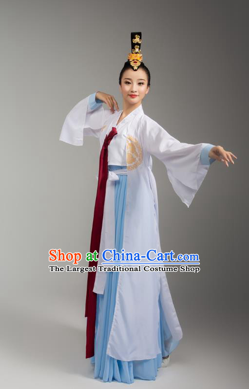 China Korean Ethnic Stage Performance Blue Dress Outfits Traditional Korean Nationality Folk Dance Clothing and Headdress