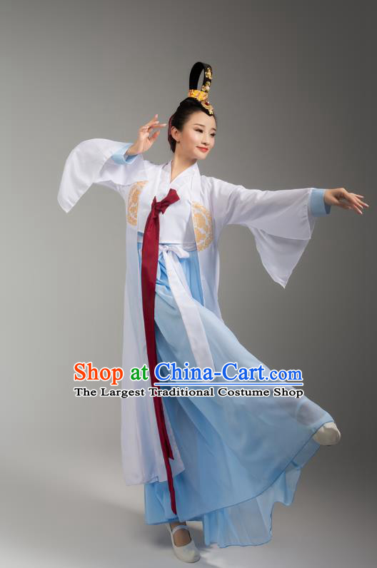 China Korean Ethnic Stage Performance Blue Dress Outfits Traditional Korean Nationality Folk Dance Clothing and Headdress