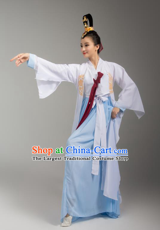 China Korean Ethnic Stage Performance Blue Dress Outfits Traditional Korean Nationality Folk Dance Clothing and Headdress