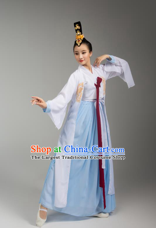 China Korean Ethnic Stage Performance Blue Dress Outfits Traditional Korean Nationality Folk Dance Clothing and Headdress