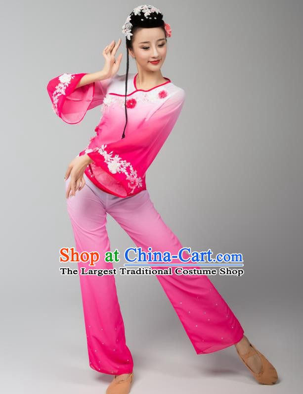 China Folk Dance Yangko Dance Pink Uniforms Fan Dance Stage Performance Clothing