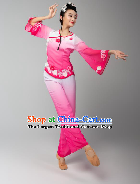 China Folk Dance Yangko Dance Pink Uniforms Fan Dance Stage Performance Clothing