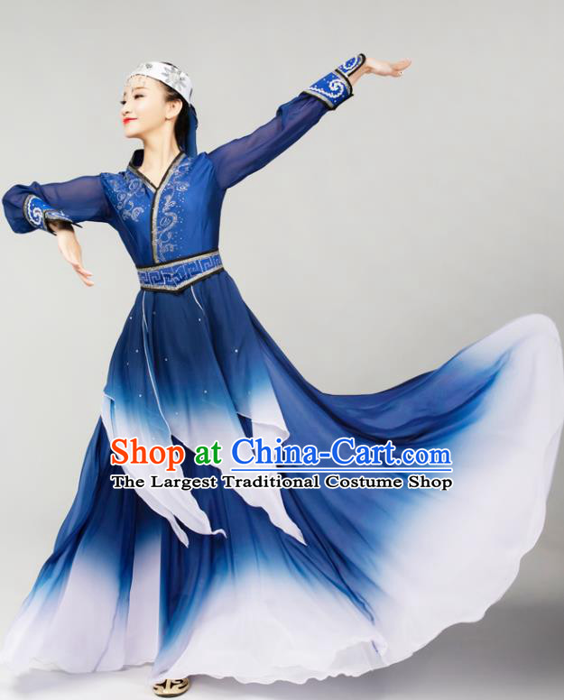 China Traditional Mongol Nationality Folk Dance Clothing Mongolian Ethnic Stage Performance Navy Dress Outfits and Headpiece