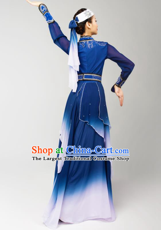 China Traditional Mongol Nationality Folk Dance Clothing Mongolian Ethnic Stage Performance Navy Dress Outfits and Headpiece