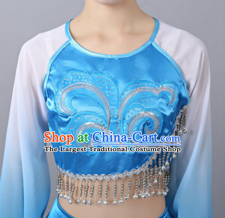 Chinese Traditional Classical Dance Performance Costumes Court Dance Blue Hanfu Dress and Headdress